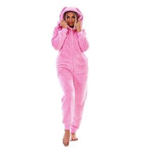 Keanu Womens/Ladies Bunny Ears Fleece  Jumpsuit / Pink
